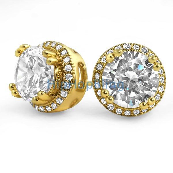 Pave Ice Border Gold CZ Solitaire Bling Bling Earrings