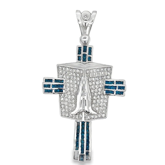 Prayer Bible Blue Baguette Cross CZ Pendant .925 Sterling Silver