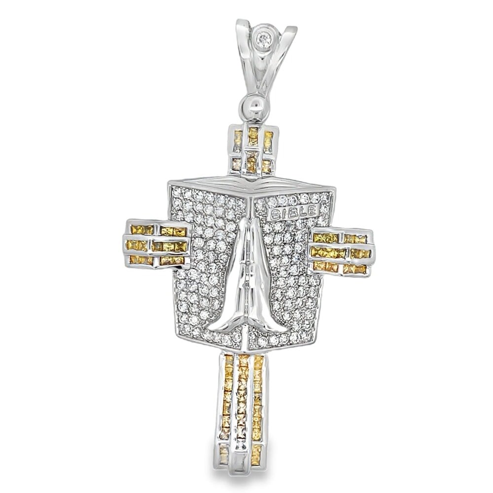 Prayer Bible Canary Baguette Cross CZ Pendant .925 Sterling Silver