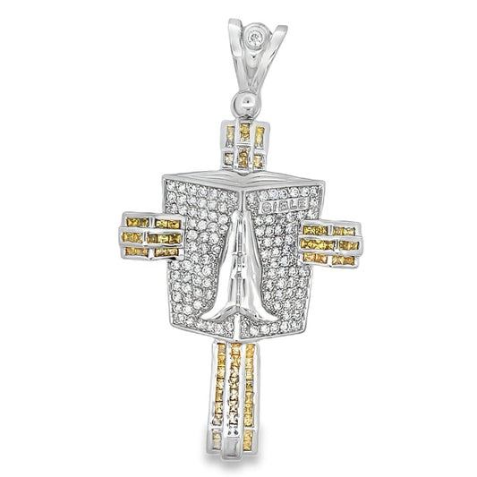 Prayer Bible Canary Baguette Cross CZ Pendant .925 Sterling Silver
