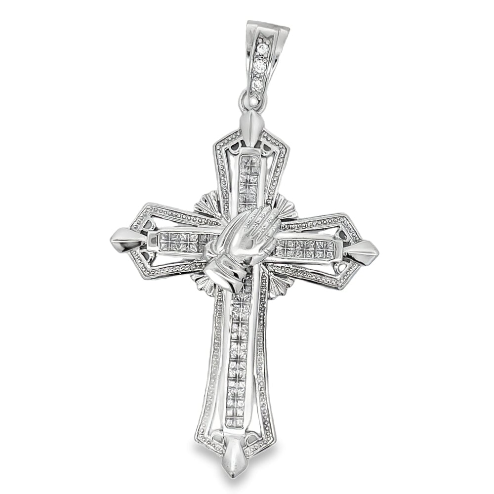 Prayer Hands Cross CZ Iced Out Pendant .925 Sterling Silver