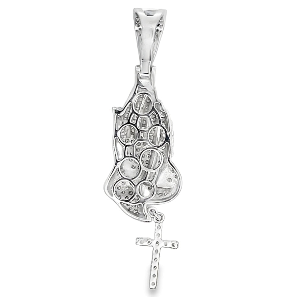Prayer Hands Cross Iced Out Moissanite Pendant .925 Sterling Silver
