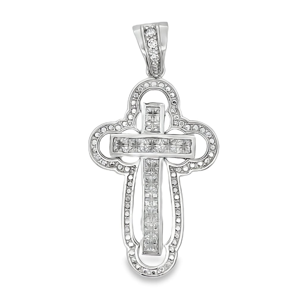 Princess Halo Bubble Cross CZ Pendant .925 Sterling Silver