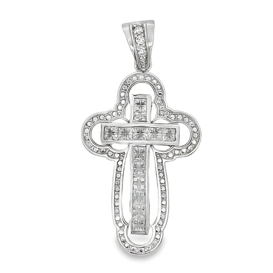 Princess Halo Bubble Cross CZ Pendant .925 Sterling Silver
