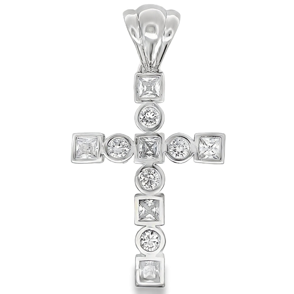 Princess & Round Tennis Cross CZ Pendant .925 Sterling Silver