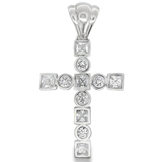Princess & Round Tennis Cross CZ Pendant .925 Sterling Silver