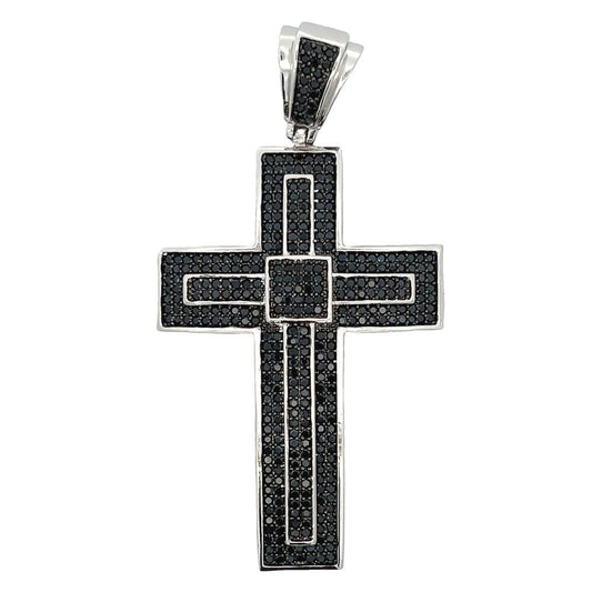 Rhodium Layered Black CZ Iced Out Cross Pendant