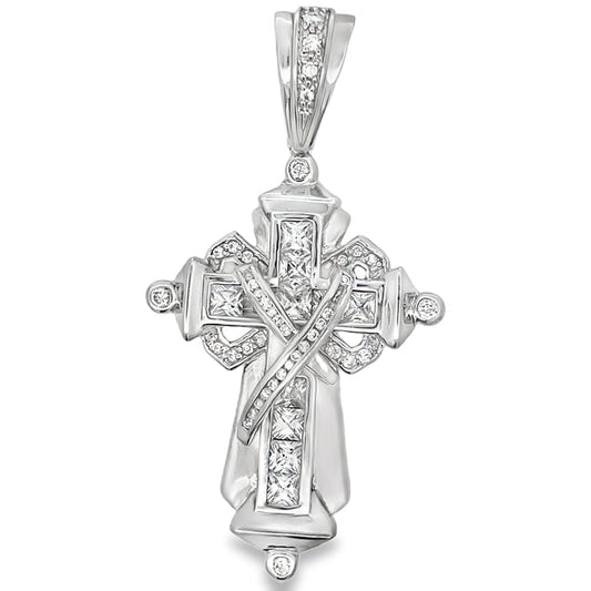 Ribbon Princess Cut Cross CZ Pendant .925 Sterling Silver