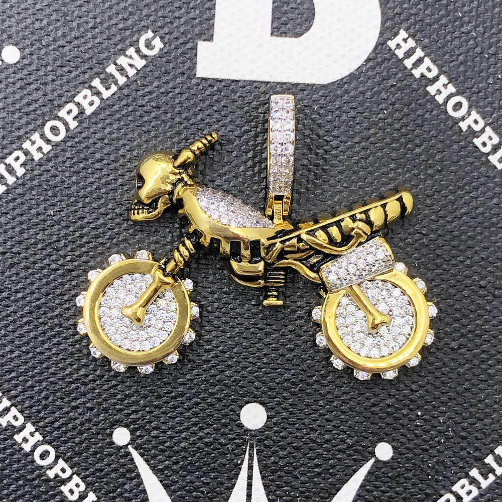 Skeleton Motorcycle CZ Hip Hop Bling Bling Pendant