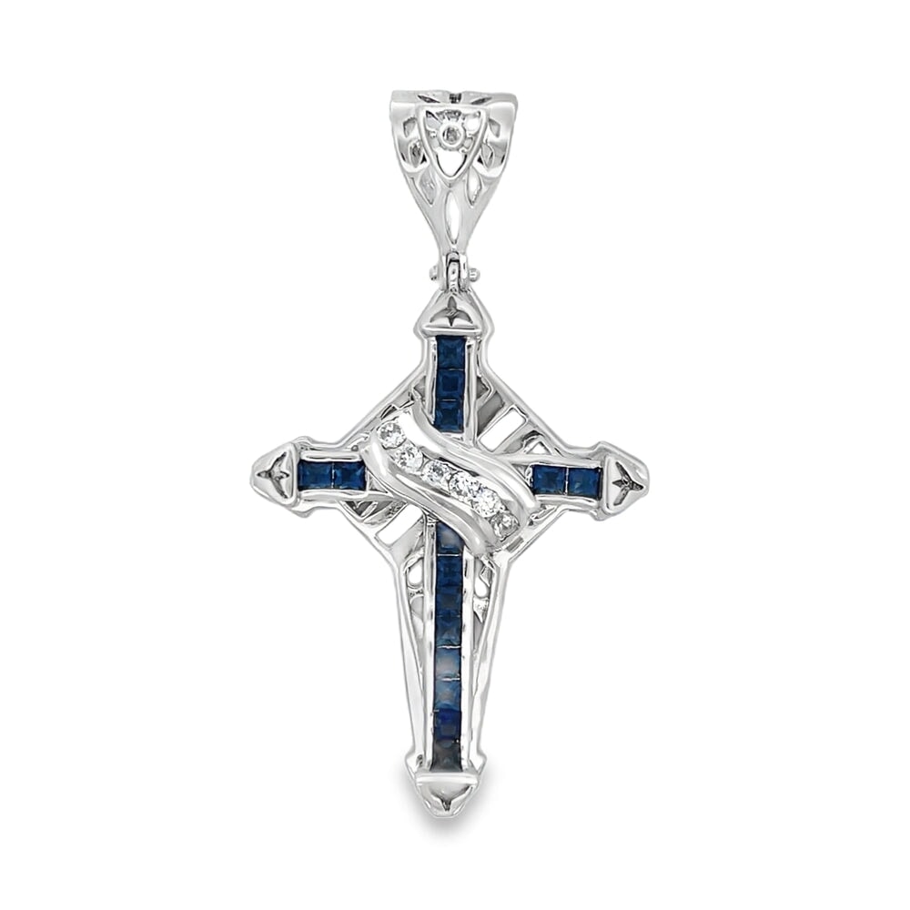 Spear Cross Blue CZ Pendant .925 Sterling Silver