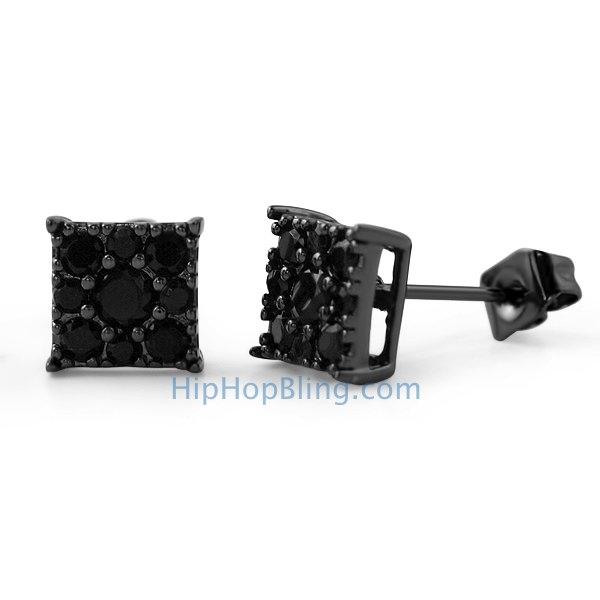 Square Cluster Black CZ Bling Bling Earrings