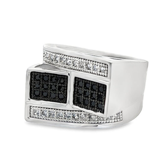 Stacked Bars Black & White CZ Ring .925 Sterling Silver