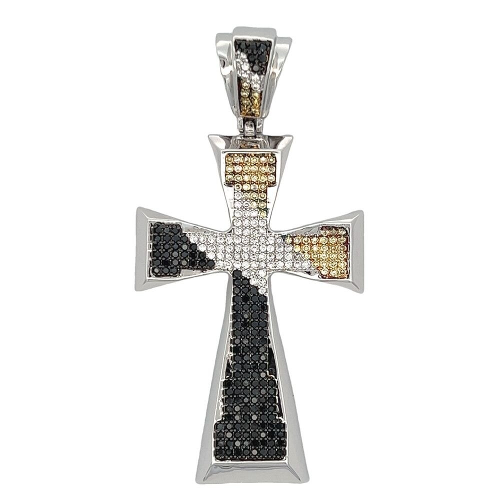 Tapered Cross Diagonal White Black & Yellow CZ Iced Out Pendant