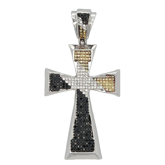 Tapered Cross Diagonal White Black & Yellow CZ Iced Out Pendant
