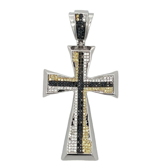 Tapered Cross Striped White Black & Yellow CZ Iced Out Pendant
