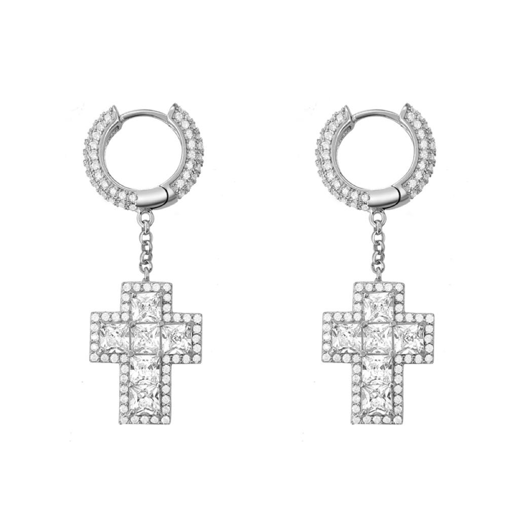 Thick Princess Cross Dangling Huggie Hoop Icedout Earrings .925 Silver