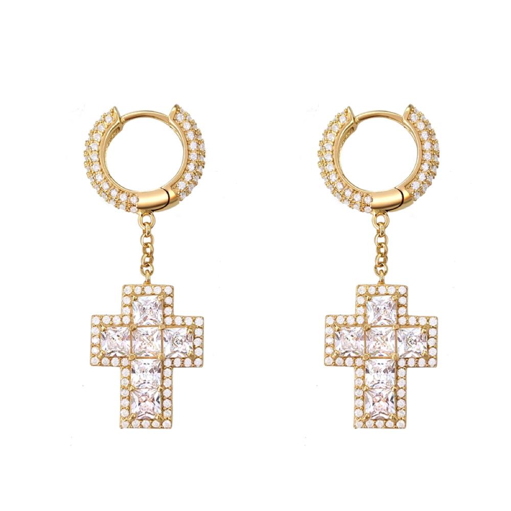 Thick Princess Cross Dangling Huggie Hoop Icedout Earrings .925 Silver