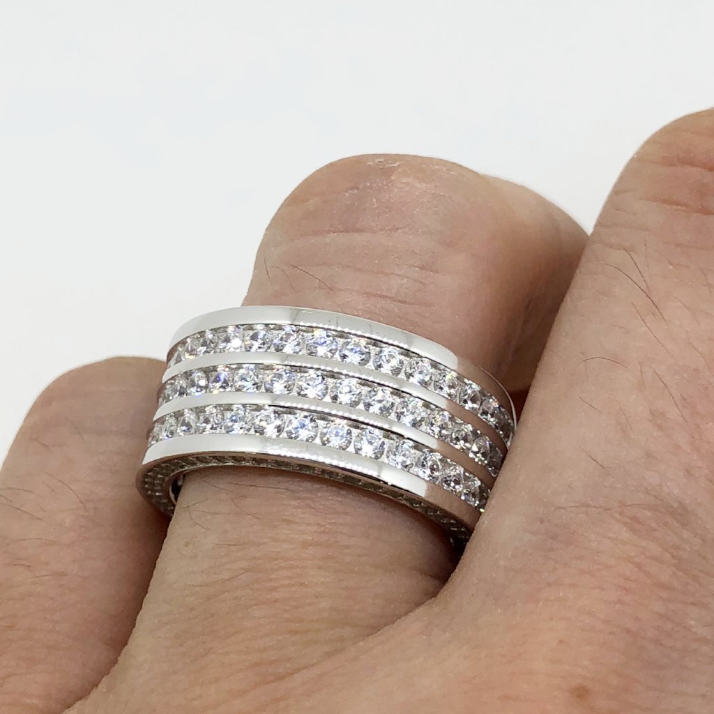 Triple Row CZ Eternity Band Bling Bling Ring in Rhodium