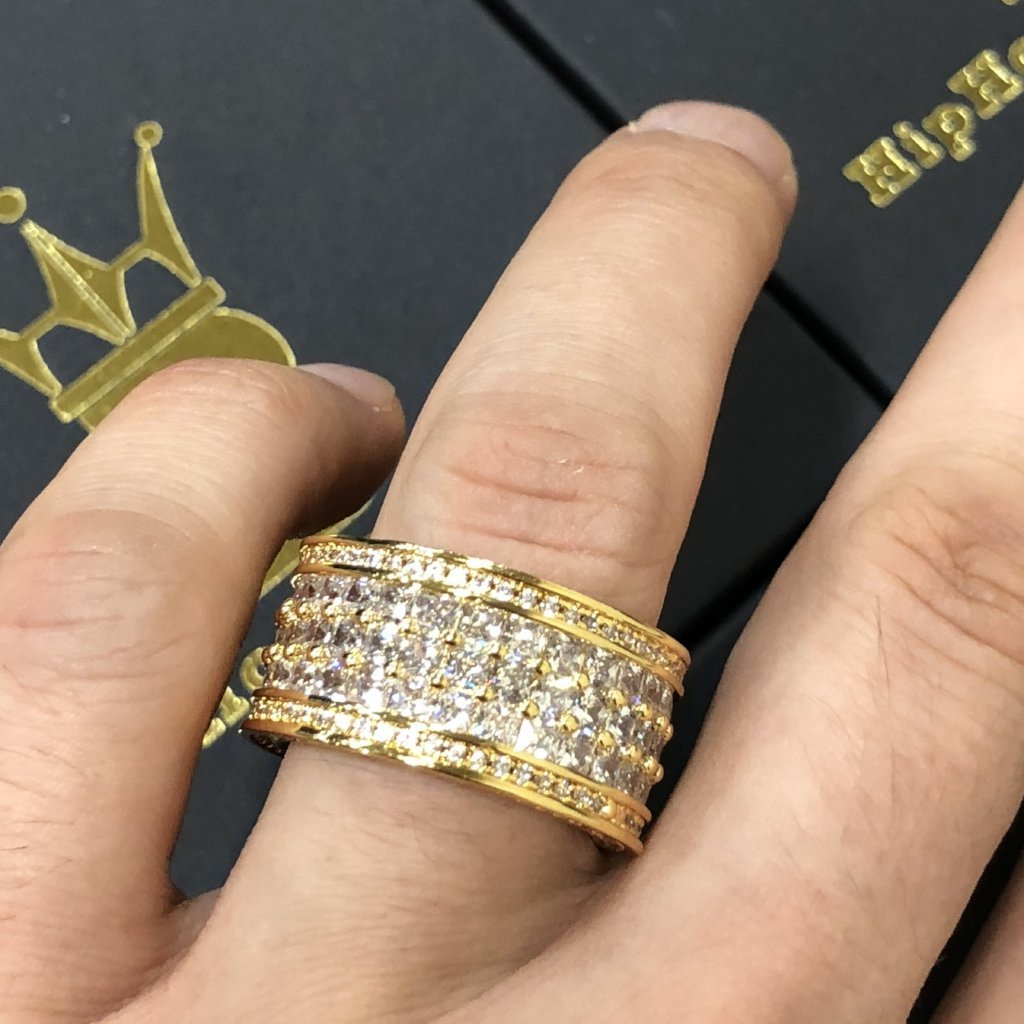 Triple Row Princess Cut Eternity Band Gold Mens CZ Bling Ring