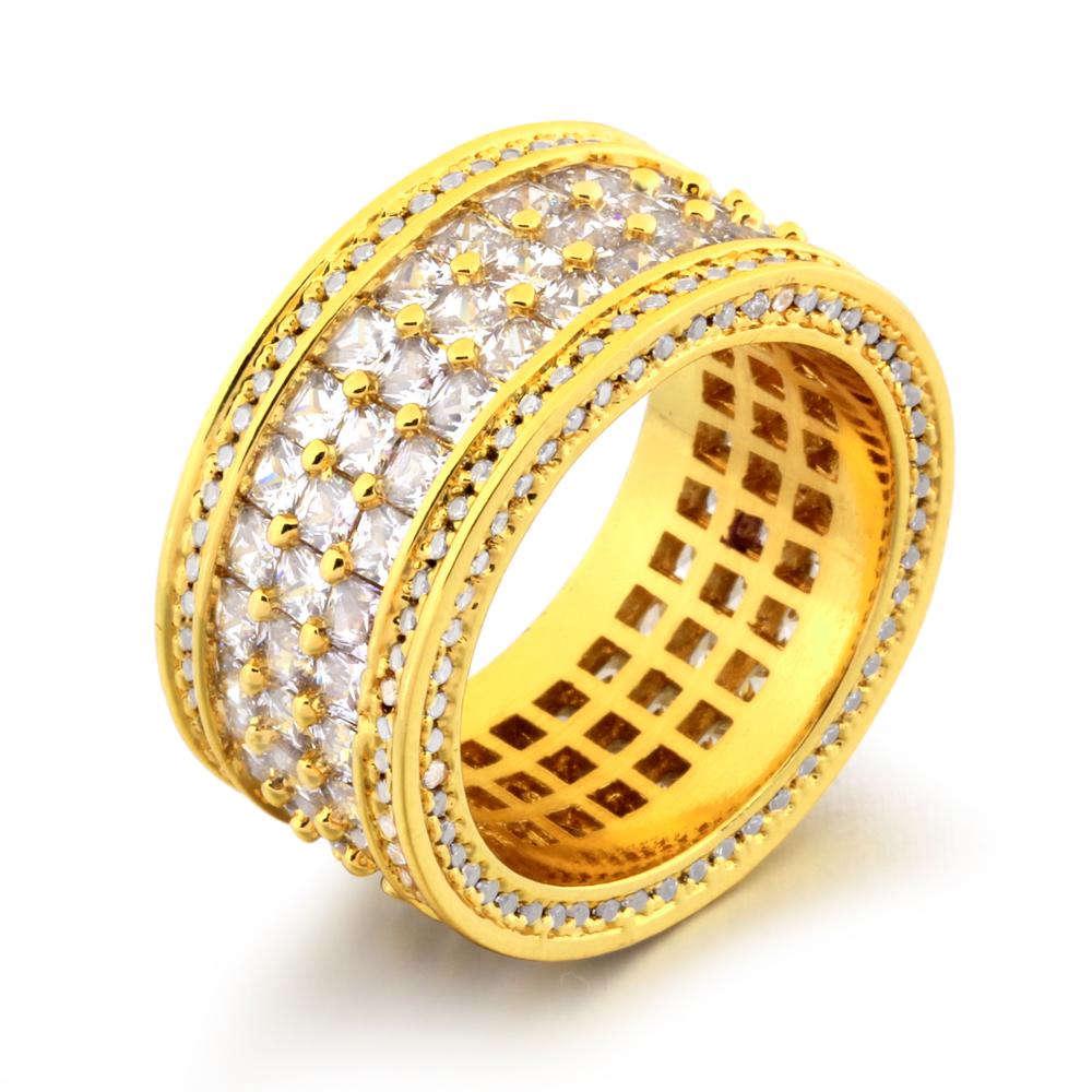 Triple Row Princess Cut Eternity Band Gold Mens CZ Bling Ring