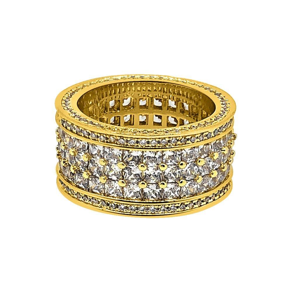 Triple Row Princess Cut Eternity Band Gold Mens CZ Bling Ring