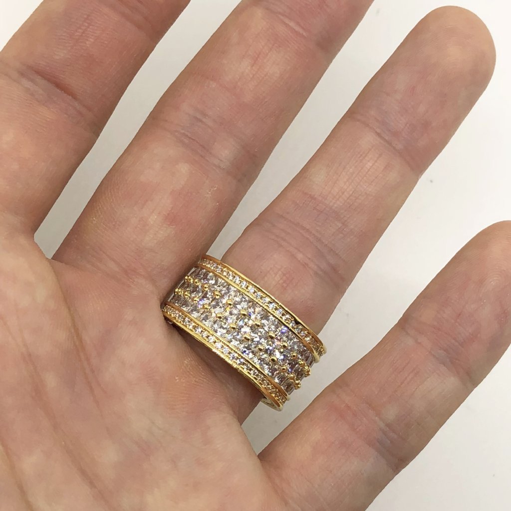 Triple Row Princess Cut Eternity Band Gold Mens CZ Bling Ring