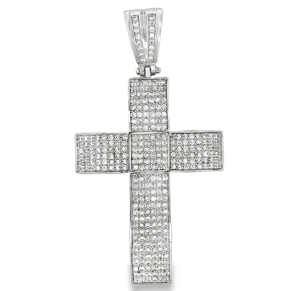 Wavy Box Cross CZ Iced Out Pendant