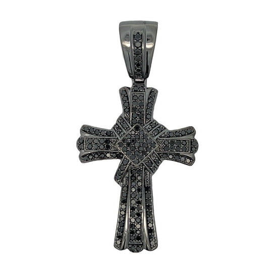 Wavy Ribbon Black Cross CZ Pendant .925 Sterling Silver