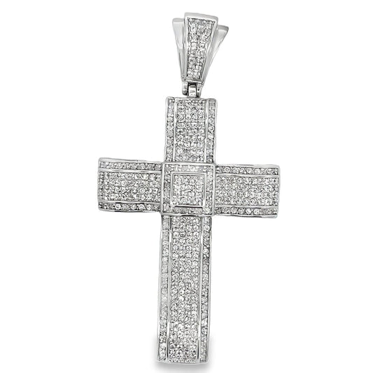 Wavy Square Cross CZ Iced Out Pendant .925 Sterling Silver