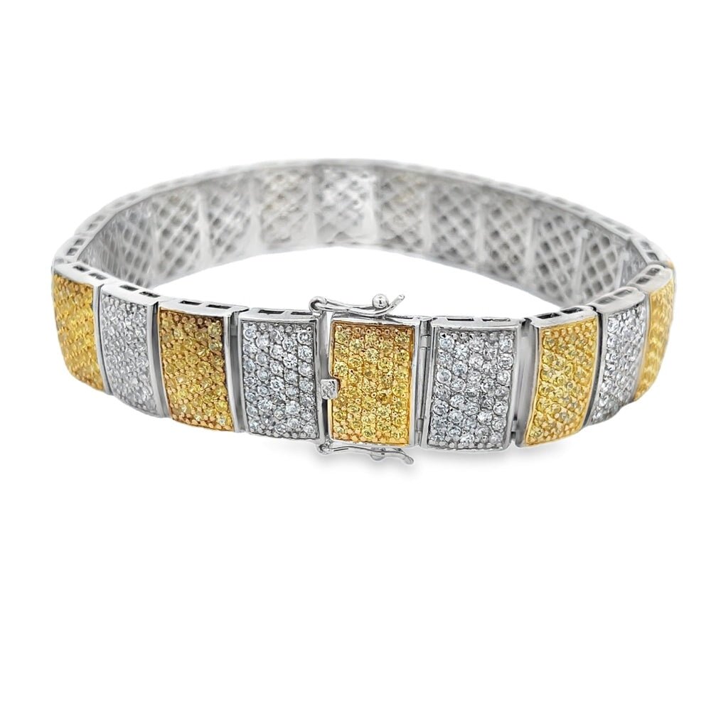 White & Yellow Boxy CZ Iced Out Bracelet .925 Sterling Silver