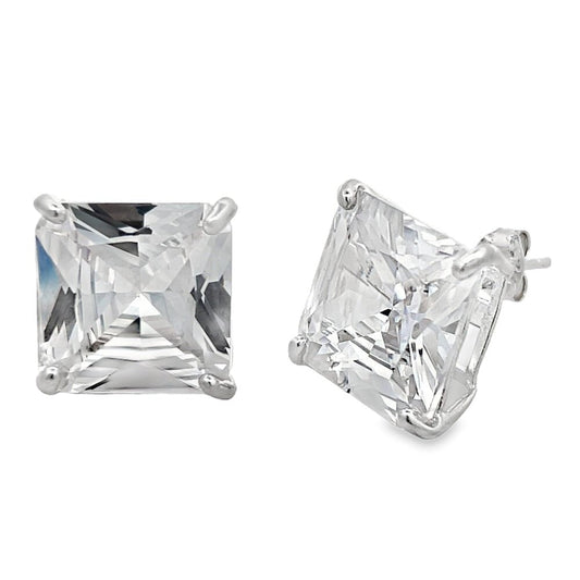 XL 15MM Princess Cut CZ Stud Earrings .925 Sterling Silver