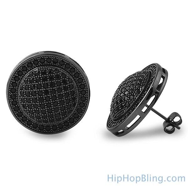 XL Domed Bling Bling CZ Black Earrings