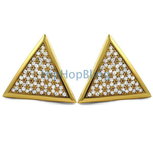 XL Triangle Gold CZ Hip Hop Bling Bling Earrings
