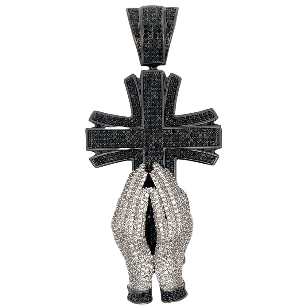 XL White Praying Hands 3D Black CZ Iced Out Pendant