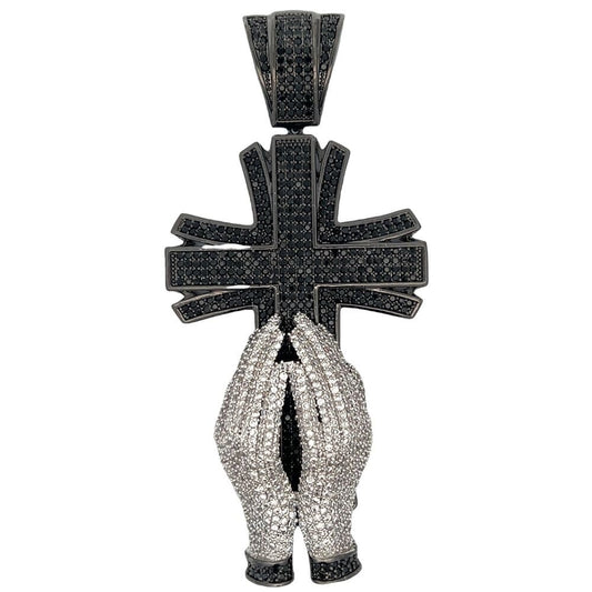 XL White Praying Hands 3D Black CZ Iced Out Pendant