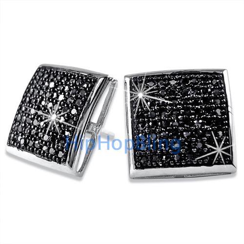 XXL Black CZ Puffed Box Bling Bling Micro Pave Earrings .925 Silver